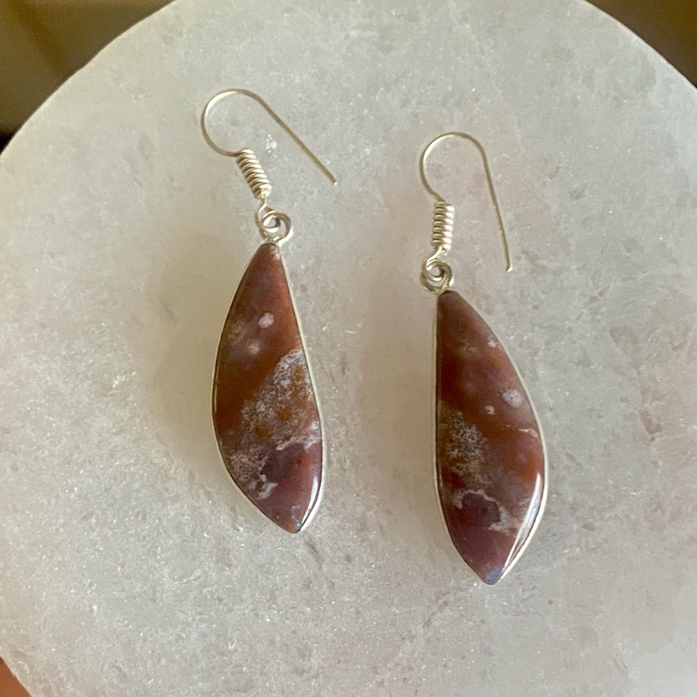 Sterling Silver Red Moss Agate Earrings – Teardrop Dangle Gemstones